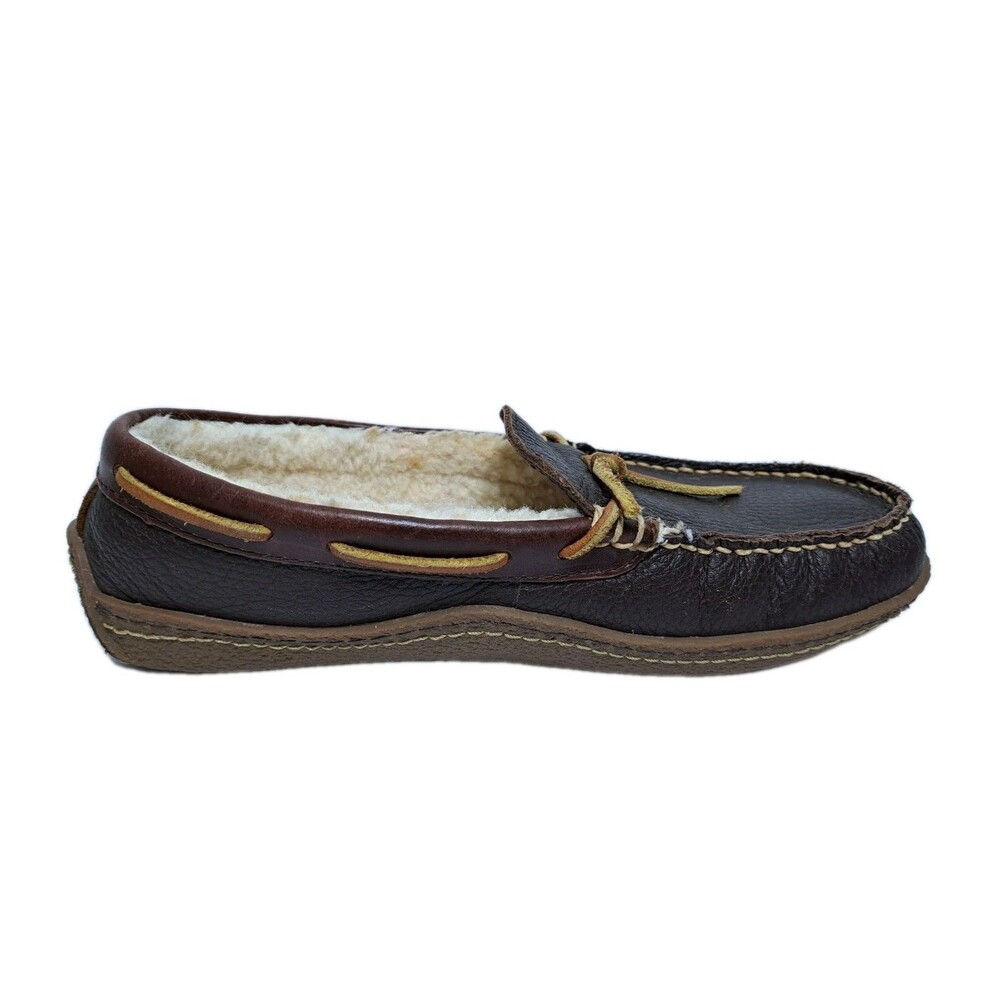 LL Bean Men's 8 Wicked Good Leather Shearling Moccasin Brown Slippers - Picture 5 of 10